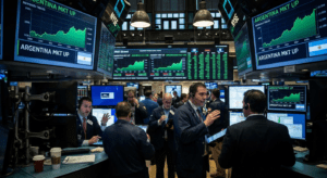 Pantallas de Wall Street con gráficos bursátiles y bandera argentina representando la suba de acciones argentinas