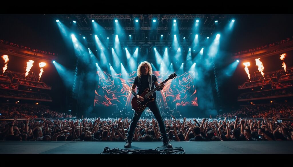 Guitarrista en escena durante un recital masivo de rock