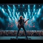 Guitarrista en escena durante un recital masivo de rock