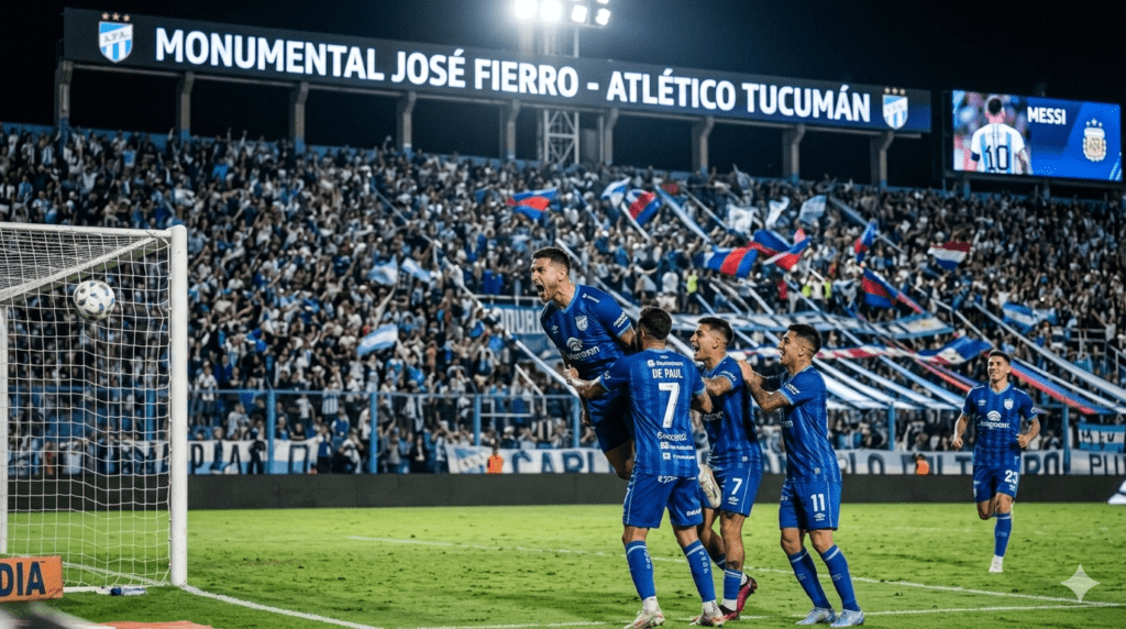 Jugador de Atlético Tucumán celebra el gol ante Gimnasia por el torneo argentino