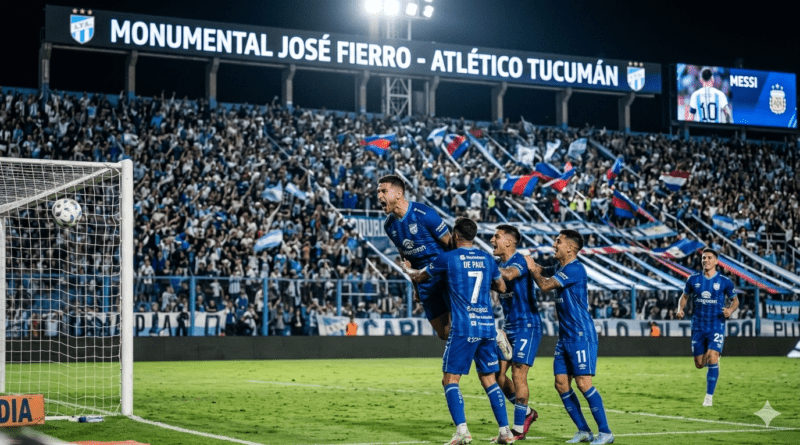 Jugador de Atlético Tucumán celebra el gol ante Gimnasia por el torneo argentino