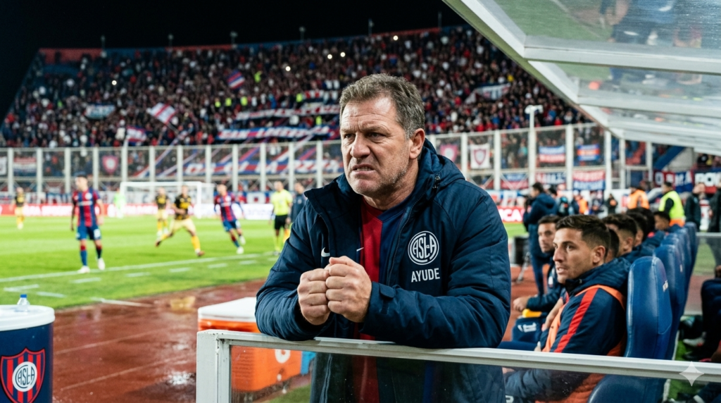 damian ayude entrenador de san lorenzo serio en el banco de suplentes