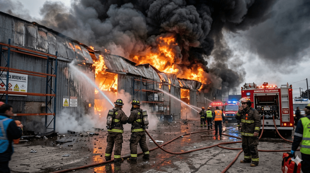 Bomberos trabajando en incendio en Moreno