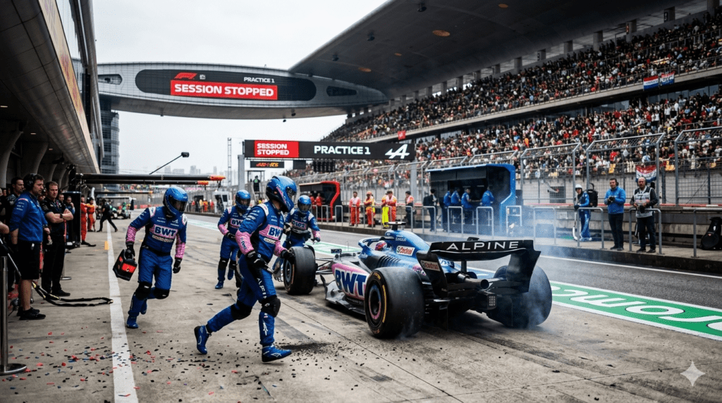 Franco Colapinto con el Alpine detenido en el pit lane del Gran Premio de China

