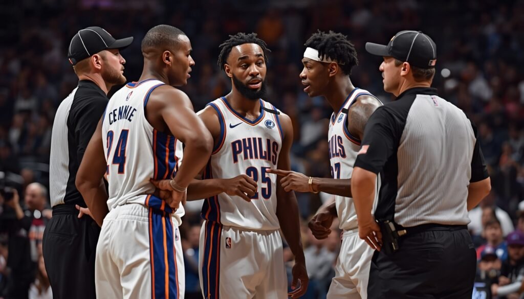 ugadores discuten intensamente durante un partido de la NBA.
