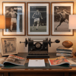 Escritorio de periodista con máquina de escribir y revistas deportivas abiertas.