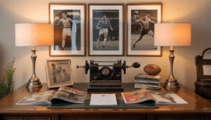 Escritorio de periodista con máquina de escribir y revistas deportivas abiertas.