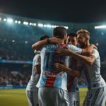 Jugadores de Estudiantes celebran un gol en la goleada ante Central Córdoba