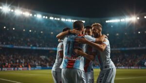 Jugadores de Estudiantes celebran un gol en la goleada ante Central Córdoba