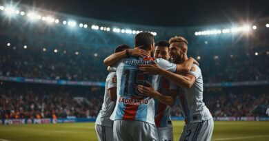 Jugadores de Estudiantes celebran un gol en la goleada ante Central Córdoba