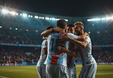 Jugadores de Estudiantes celebran un gol en la goleada ante Central Córdoba