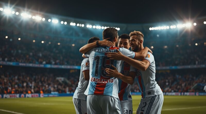 Jugadores de Estudiantes celebran un gol en la goleada ante Central Córdoba