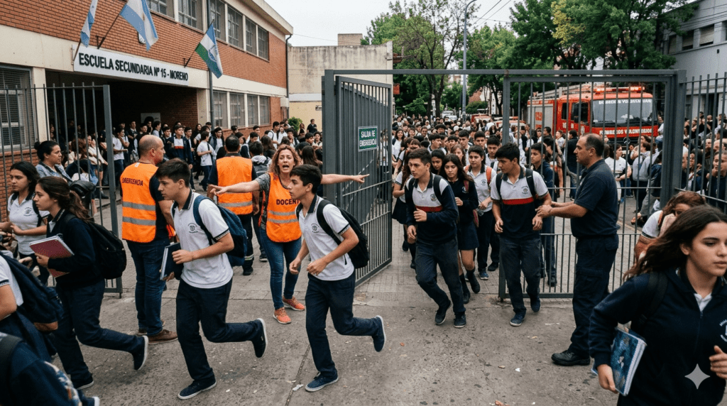 Alumnos evacuando una escuela tras el ataque armado en Santa Fe