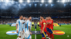 Lionel Messi y jugadores de España en una imagen conceptual de la Finalissima entre Argentina y España