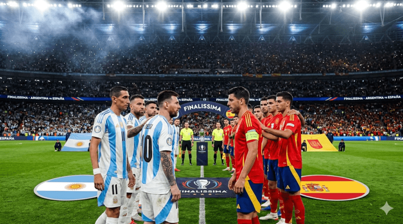 Lionel Messi y jugadores de España en una imagen conceptual de la Finalissima entre Argentina y España