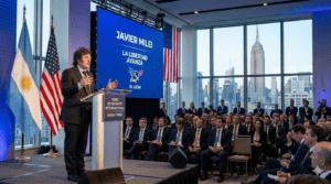Javier Milei durante su discurso ante empresarios en Nueva York