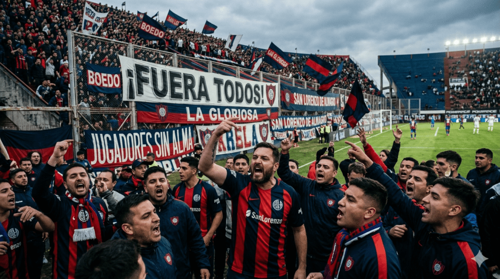 hinchas de san lorenzo enojados en la tribuna del nuevo gasometro