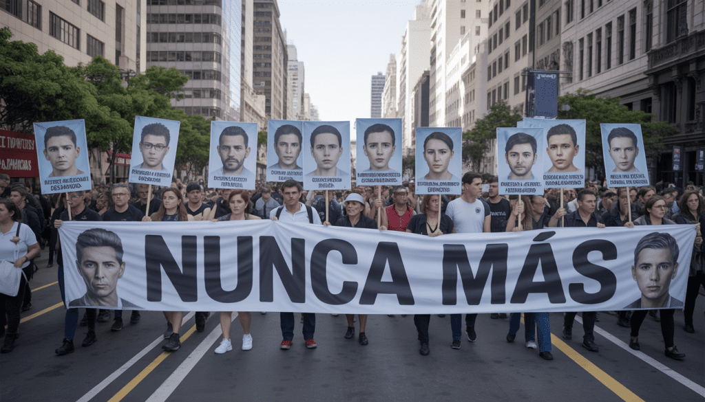 Manifestantes con pancartas de “Nunca Más” en la marcha del Día de la Memoria