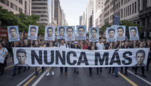 Manifestantes con pancartas de “Nunca Más” en la marcha del Día de la Memoria
