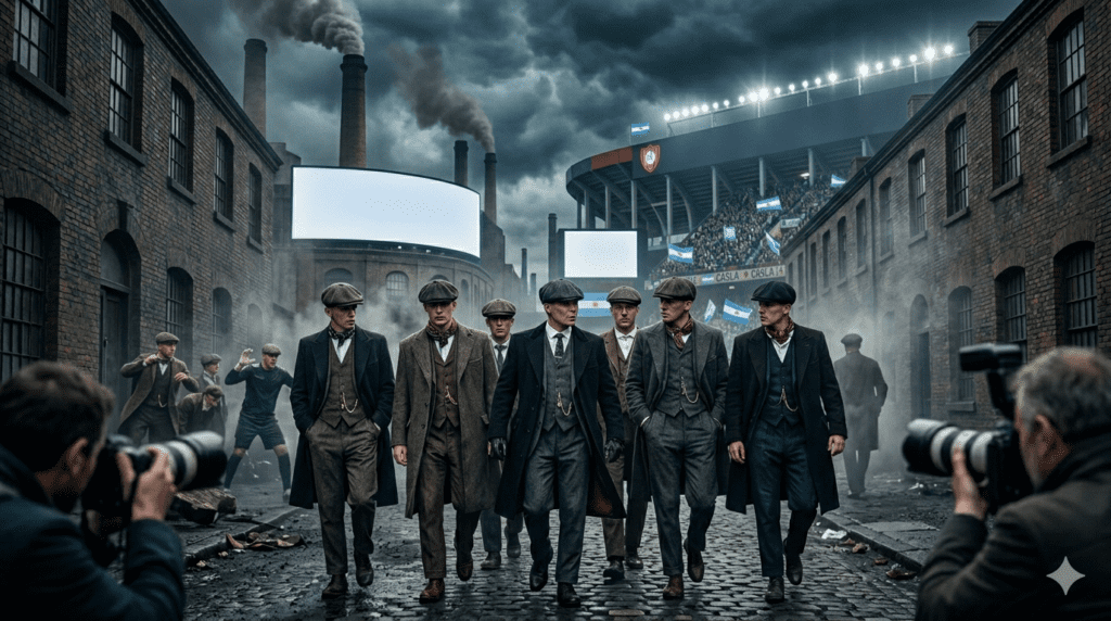 Miembros de la banda Peaky Blinders caminando por Birmingham durante la guerra