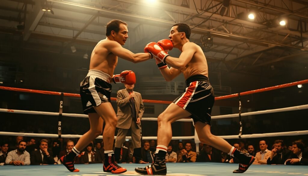 Periodista deportivo cubriendo un combate de boxeo en un ring durante los años setenta.