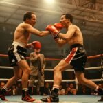 Periodista deportivo cubriendo un combate de boxeo en un ring durante los años setenta.