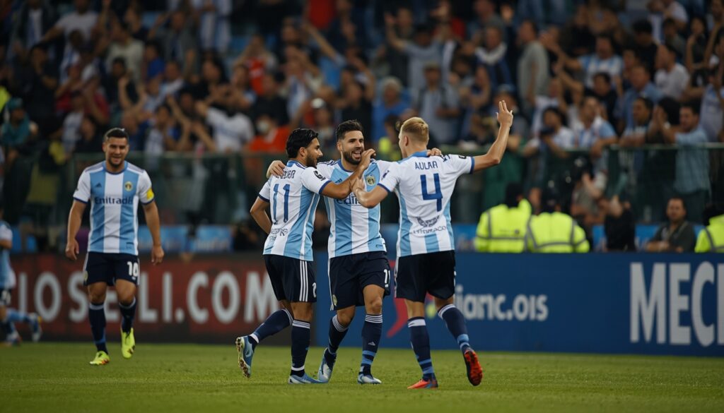 Jugadores de Racing festejan un gol ante Belgrano en Córdoba