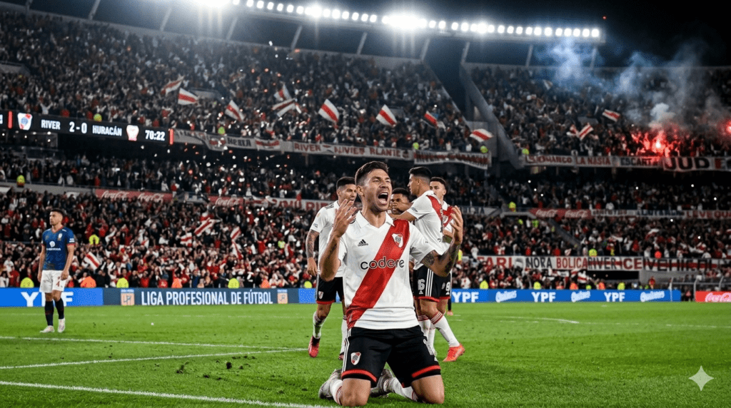 Sebastián Driussi celebra el gol de River ante Sarmiento