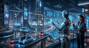 ilustración futurista con robots, inteligencia artificial, pantallas tecnológicas y ciudad digital