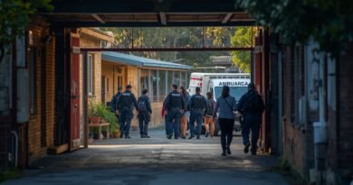 Patrulleros y ambulancias frente a una escuela tras un tiroteo escolar en San Cristóbal