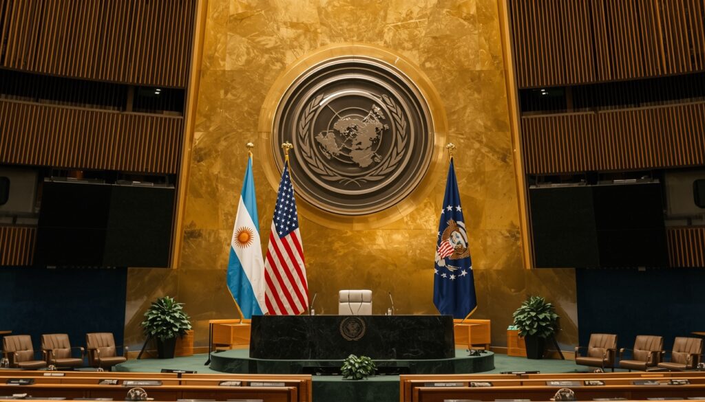 Banderas de Argentina y Estados Unidos en un entorno institucional de alto nivel.