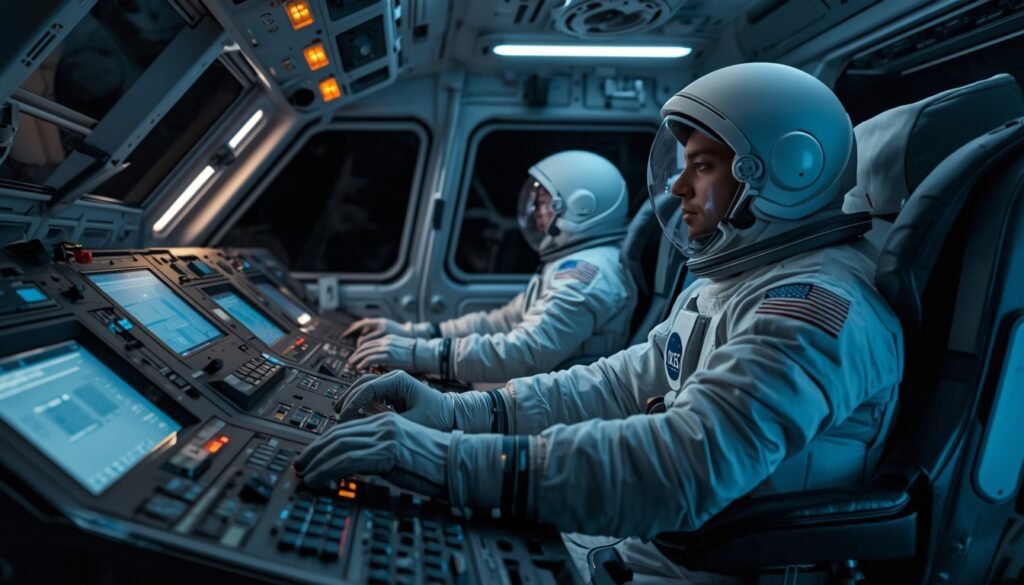 astronautas trabajando dentro de la nave Orion