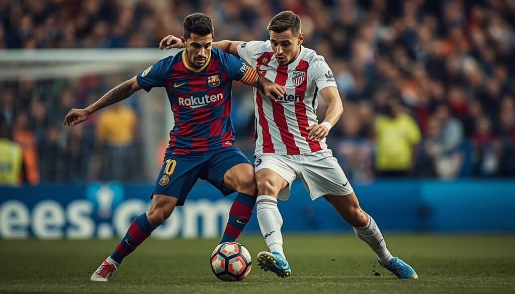 Jugadores de Barcelona y Atlético disputando el balón