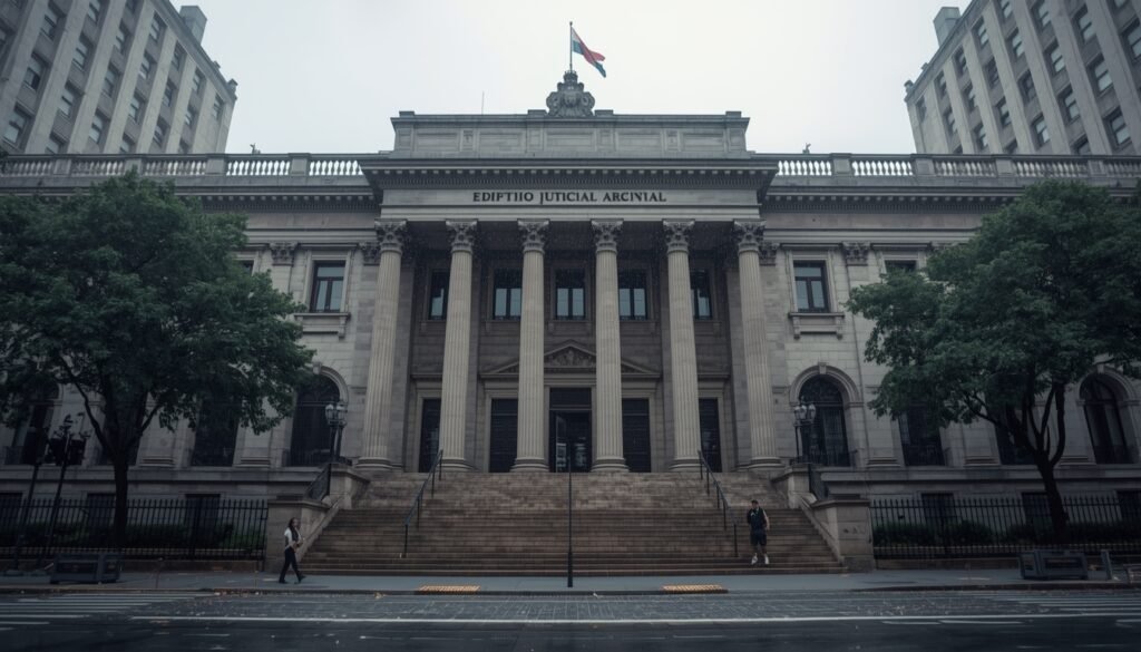 Edificio judicial con presencia policial en investigación criminal