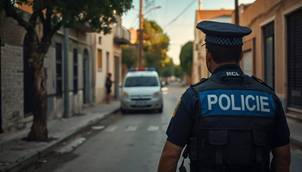 Patrullero policial frente a vivienda en operativo