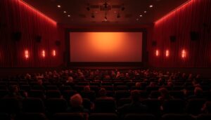 Sala de cine con público durante proyección de película