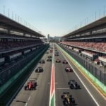 Monoplazas de Fórmula 1 compitiendo en un circuito urbano durante una carrera