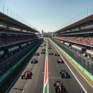 Monoplazas de Fórmula 1 compitiendo en un circuito urbano durante una carrera