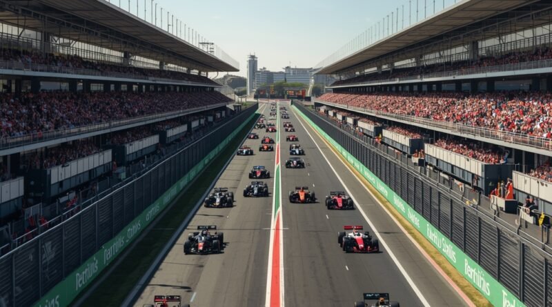 Monoplazas de Fórmula 1 compitiendo en un circuito urbano durante una carrera