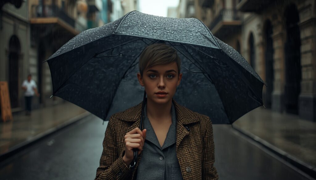 joven con paraguas vajo la lluvia