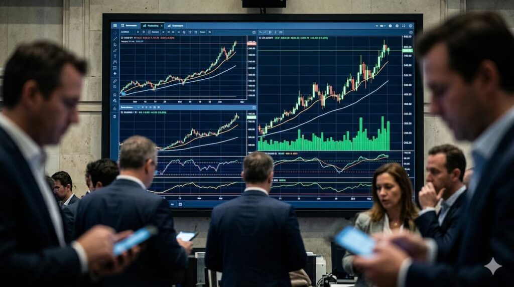 Pantalla de mercado financiero con gráficos