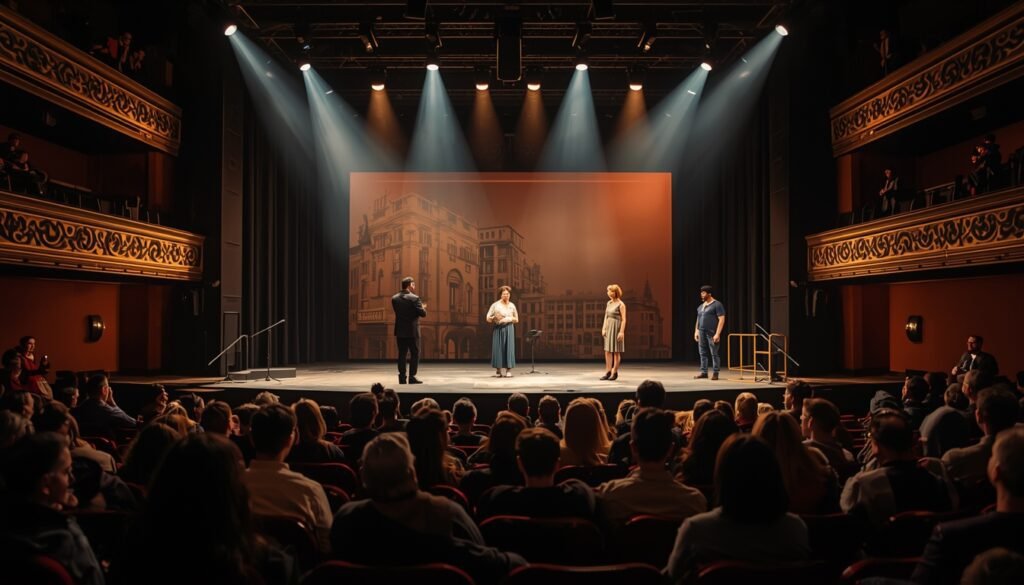 Actores representando una obra teatral en un teatro argentino