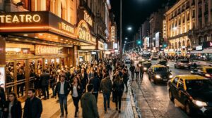 Avenida Corrientes con teatros iluminados y público en mayo 2026