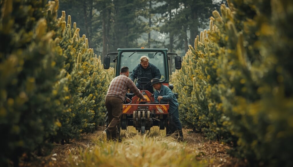 Trabajadores forestales operando maquinaria en plantación de pinos