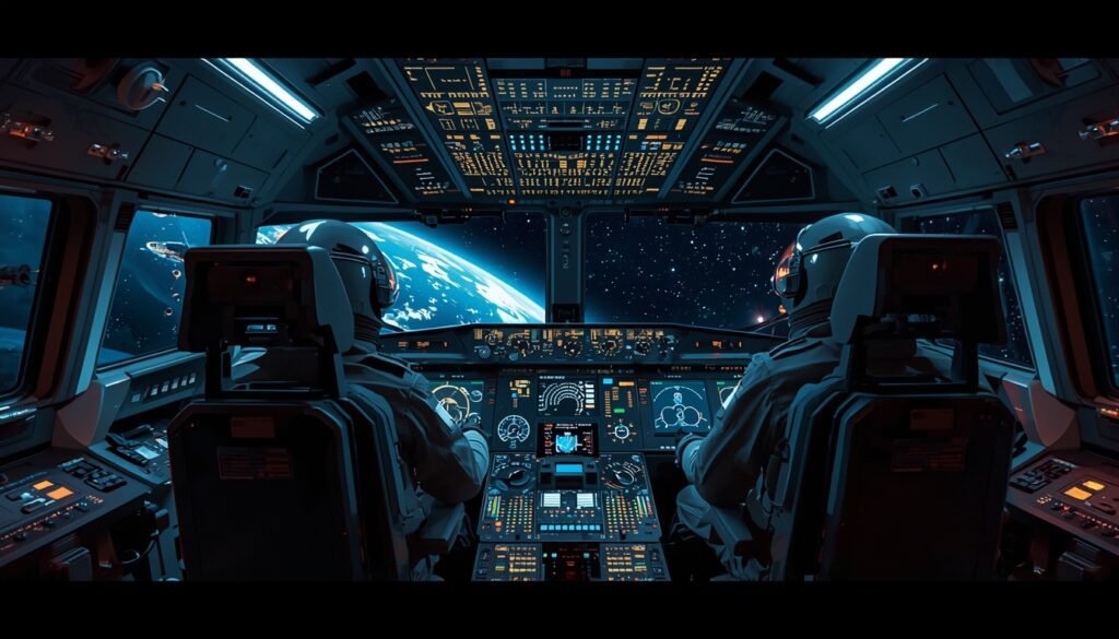 Astronautas monitoreando sistemas durante la misión Artemis II