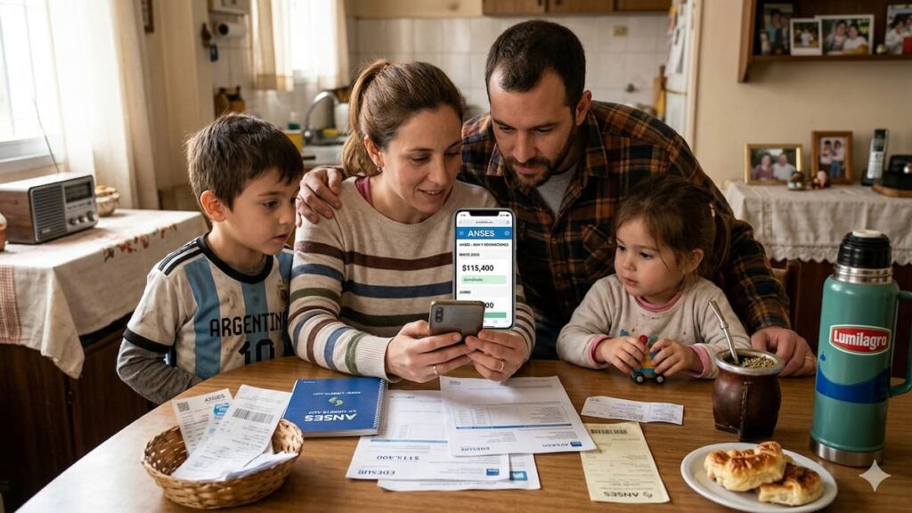 Familia consultando montos de AUH y asignaciones familiares