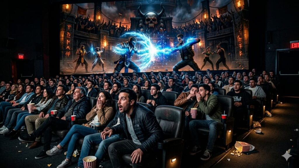 Público asistiendo al estreno de Mortal Kombat 2 en una sala de cine