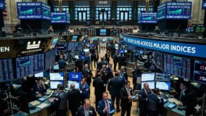 Operadores bursátiles en Wall Street durante una jornada de fuertes subas