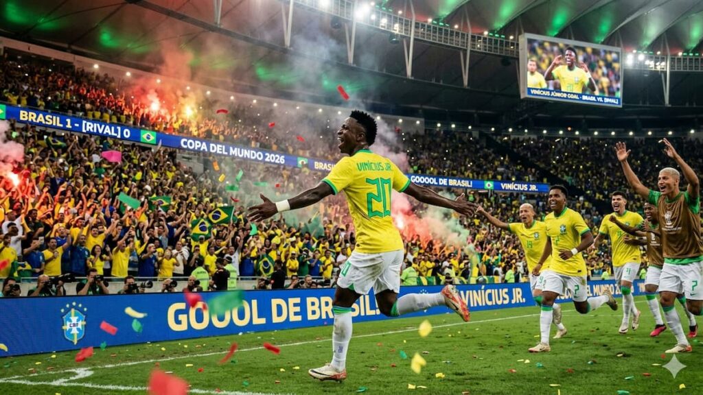 Vinícius Júnior celebra durante la goleada de Brasil ante Panamá
