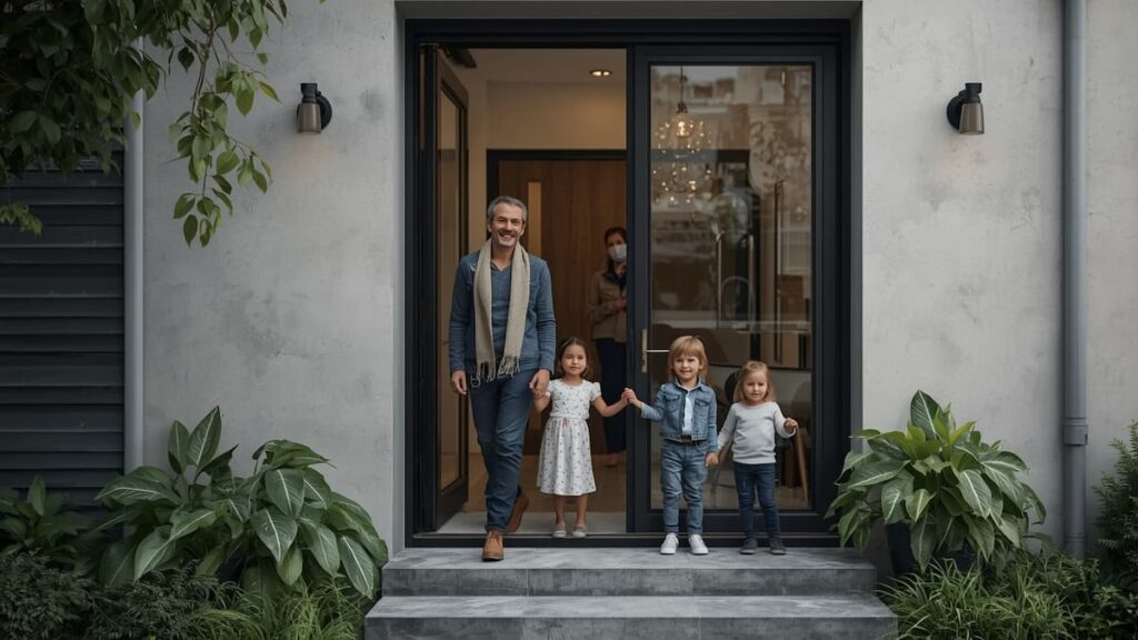 Familia analiza la compra de una vivienda mediante crédito hipotecario